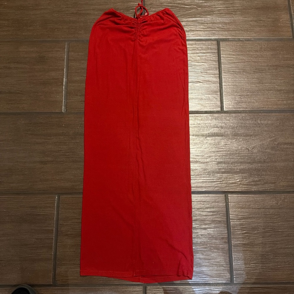 SKIMS burgandy Strapless Ruched Maxi Skirt